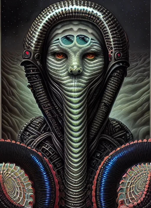 Prompt: cosmic lovecraft giger fractal snake portrait, pixar style, by tristan eaton stanley artgerm and tom bagshaw.