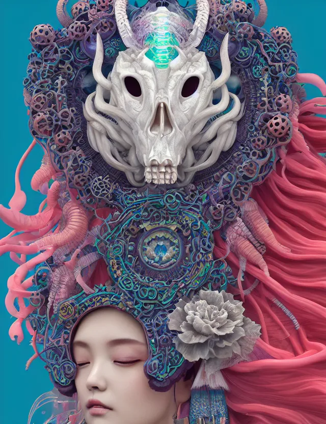 Image similar to 3 d goddess close - up profile solarpunk portrait ram skull. beautiful intricately detailed japanese crow kitsune mask and clasical japanese kimono. betta fish, jellyfish phoenix, bio luminescent, plasma, ice, water, wind, creature, artwork by tooth wu and wlop and beeple and greg rutkowski