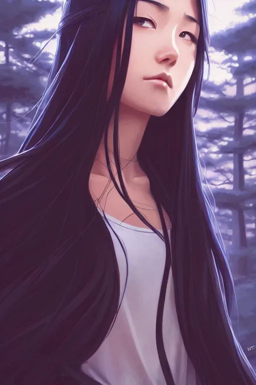 Prompt: a beautiful girl with long dark hair, wearing a ninja uniform, forest background, intricate, highly detailed, digital painting, artstation, official media, anime key visual, concept art, rich vivid colors, ambient lighting, sharp focus, illustration, art by Artgerm, Makoto Shinkai, Ilya Kuvshinov, Lois Van Baarle, and Rossdraws