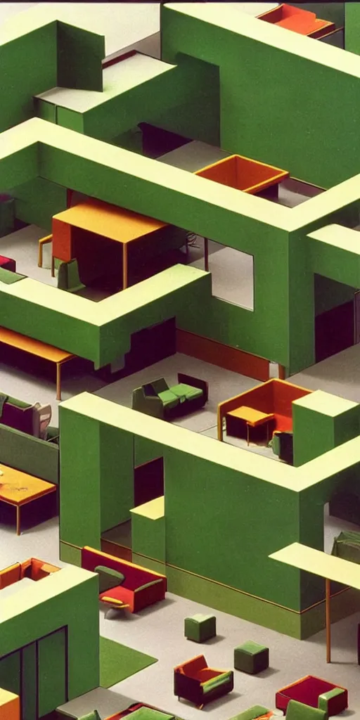 Prompt: huge sprawling gargantuan angular dimension of infinite indoor landscape 7 0 s green velvet and wood with metal office furniture. surrealism, mallsoft, vaporwave. muted colours, 7 0 s office furniture catalogue, shot from above, endless, neverending epic scale by escher and ricardo bofill