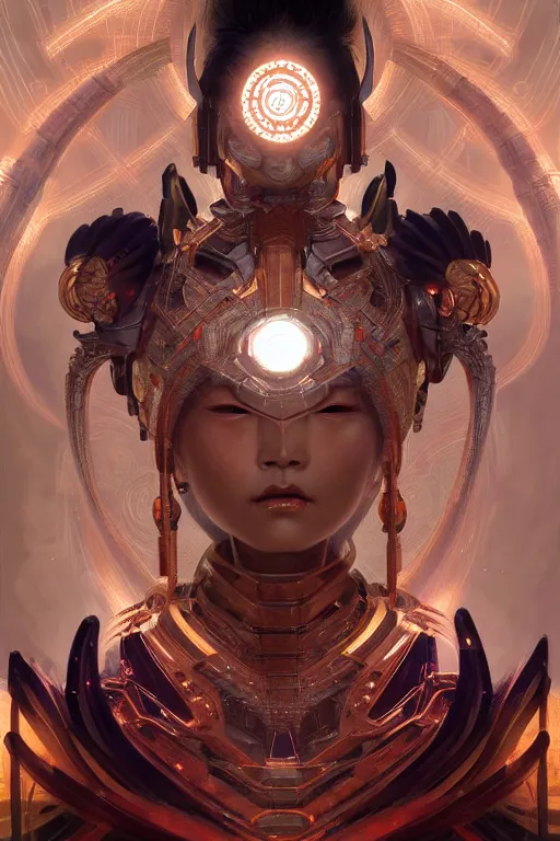 Image similar to asura from chinese myth, ghost, mecha, symmetrical. sci - fi, tech wear, glowing lights, intricate, elegant, highly detailed, digital painting, highly detailed, digital painting, artstation, concept art, smooth, sharp focus, illustration, art by artgerm and greg rutkowski and alphonse mucha