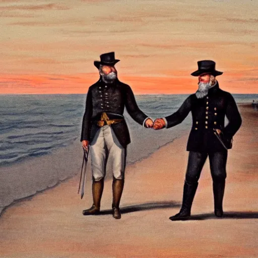 Prompt: Ulysses S. Grant and Robert E. Lee holding hands and walking on the beach, smiling, sunset