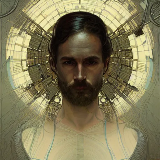 Image similar to portrait of bearded android, coy, circuitry visible in head, in the style of ex machina, karol bak, alphonse mucha, greg rutkowski, award winning, hr giger, artstation