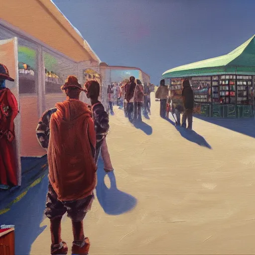 Prompt: detailed oil painting a burning man waiting in line at the liquor store