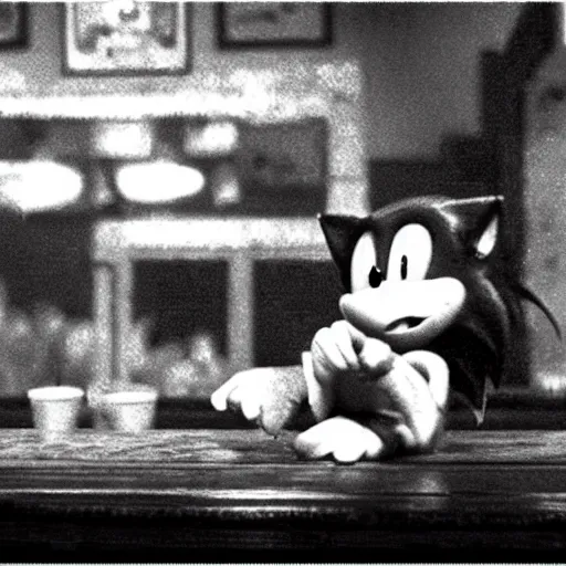 Image similar to photogram of sonic the hedgehog sitting at a bar, movie still