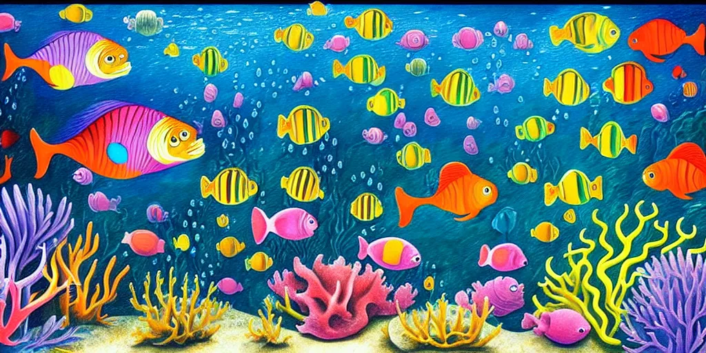 Prompt: a beautiful painting of an elaborate underwater scene painted by bosch and lisa frank