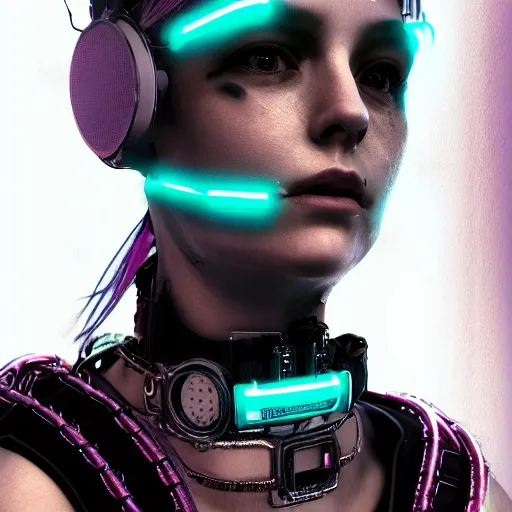 Image similar to detailed realistic female character cyberpunk wearing thick technological collar around neck, realistic, art, beautiful, 4K, collar, choker, collar around neck, punk, artstation, detailed, female, woman, choker, cyberpunk, neon, punk, collar, choker, collar around neck, thick collar, tight around neck, punk,