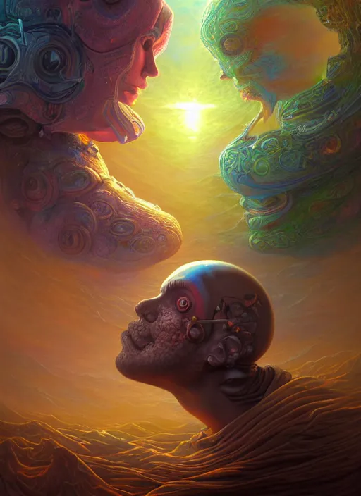 Prompt: god breathing life into a human who in turn is breathing life into a robot, extremly detailed digital painting, vibrant colors, in the style of tomasz alen kopera and fenghua zhong and peter mohrbacher, mystical colors, rim light, beautiful lighting, 8 k, stunning scene, raytracing, octane, trending on artstation