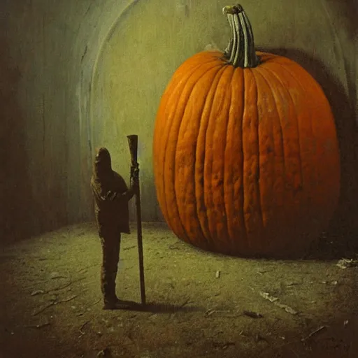 Prompt: pumpkin head man holding a sledgehammer stands inside an abandoned asylum, beksinski