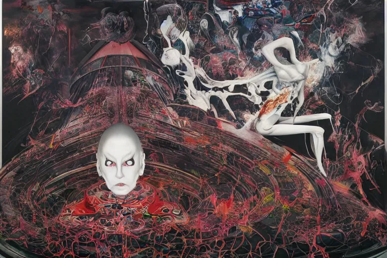 Image similar to The physical impossibility of death, in a brutalist architecture space ship, gothic, rich deep colours, creepy, diabolical, dark, mystical, intrincate, maximalism, painted by Francis bacon, Adrian ghenie, James jean and Petra cortright part by Gerhard Richter, part by Takato Yamamoto. 8k masterpiece