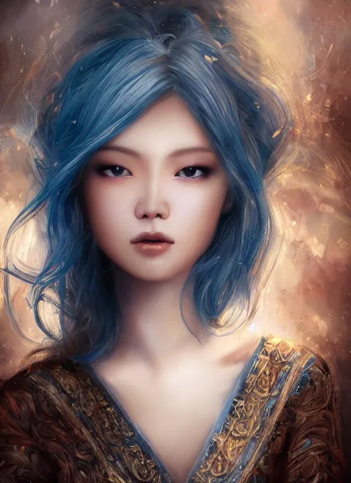 Image similar to a beautiful woman gheisa, 8 k, hyperrealistic, asian hyperdetailed, beautiful face, long blue hair windy, dark fantasy, white skin porcelain, fantasy portrait by laura sava