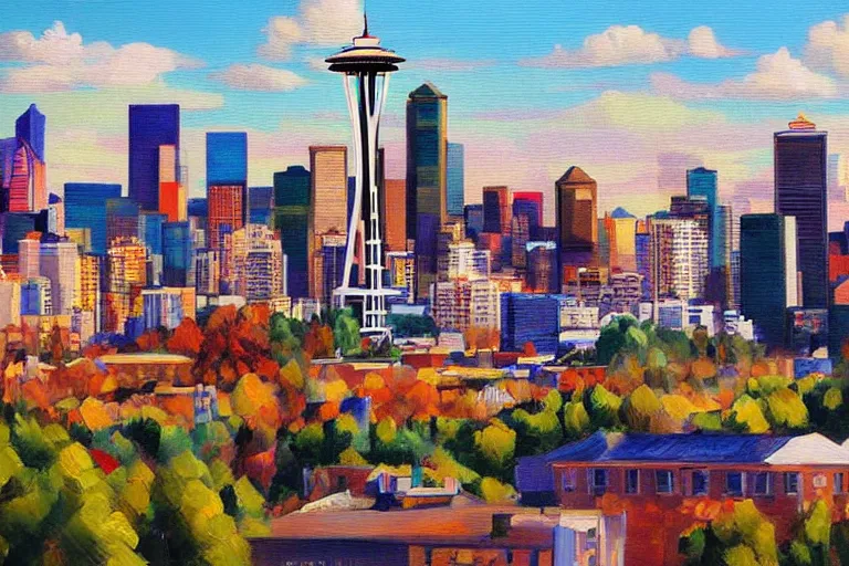 Prompt: !! oil painting!! seattle in a sunny day, artwork by tooth wu, colorful contrast,!!!! very coherent!!!!, dark shadow, thick lineart