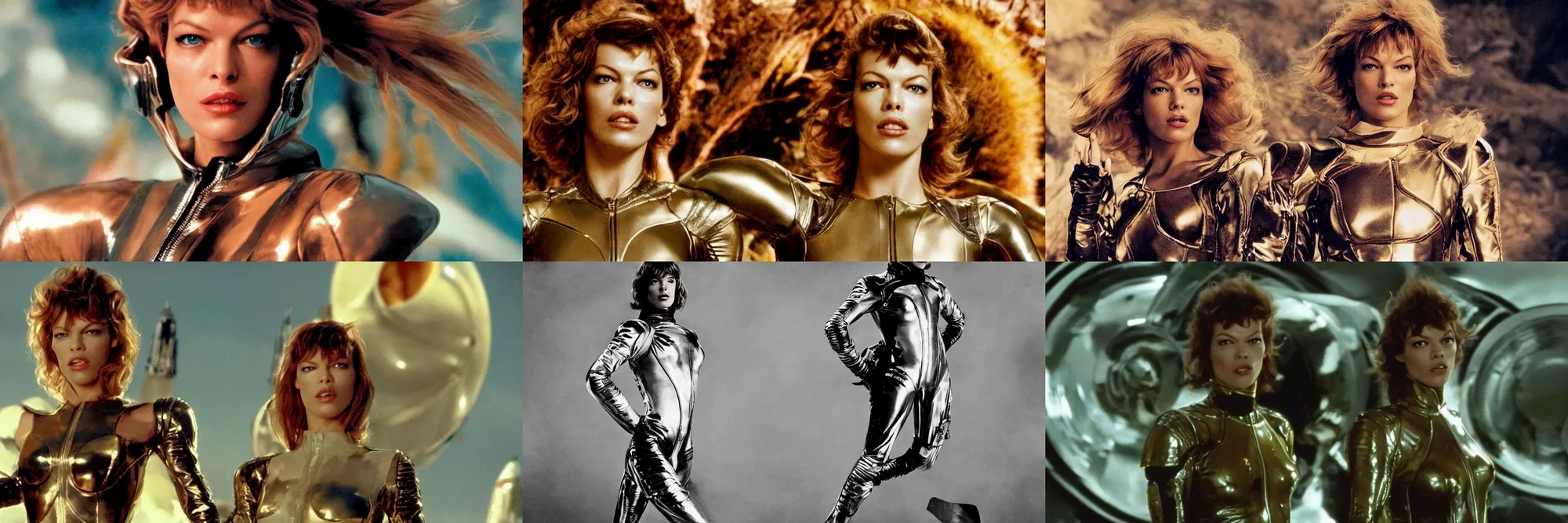 Prompt: a portrait of milla jovovich as barbarella wearing a leather spacesuit having an adventure, psychedelic, beautiful, soft focus, depth of field, cinematic, film grain, wide shot, in the style of kubrick, ridley scott