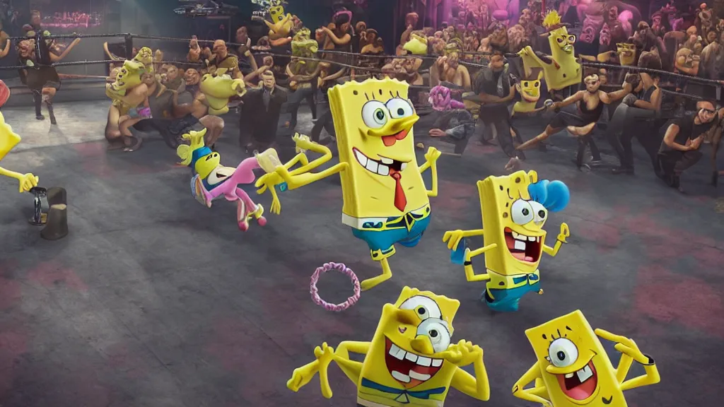 Prompt: spongebob squarepants as an mma fighter, in the ring for a big fight, wide shot, 3 d, hyperrealistic, rendered in octane, by yuumei, bayard wu, wlop, tim white, ross tran, 4 k