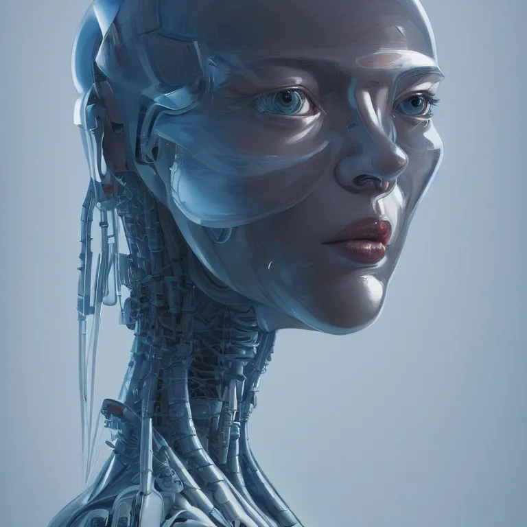 Image similar to 2 0 7 7 prototype exoskeleton portrait with ribbed jshzh face by rutkowsky and charles vess and james jean and erik jones and rhads, inspired by ghost in the shell, 3 d octane render, beautiful fine face features, intricate high details, sharp, ultradetailed, artistic photography