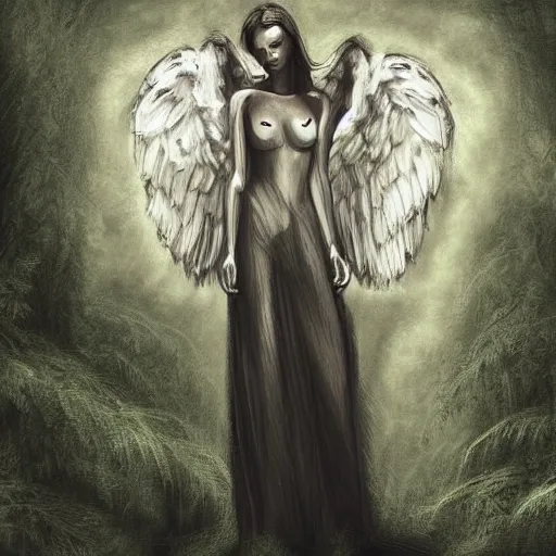 Image similar to modern Angel standing in the front of a forest . Angel is anatomical. Medical picture.Digital painting. Art station. Mood lighting. Skindness, highly detailed, concept art, intricate, sharp focus, man ray - h 1200