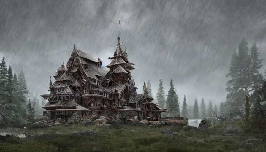 Prompt: Humongous wooden castle build in a forest near of a lake, grey sky, hyperdetailed, artstation, cgsociety, 8k