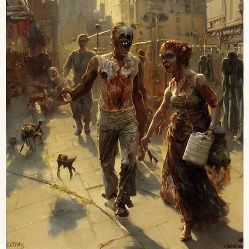 Prompt: a couple of zombies doing weekly shopping and arguing about the milk prices by by gaston bussiere, craig mullins, j. c. leyendecker