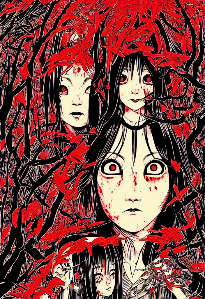 Image similar to a comic book style japanese horror poster of girl with large eyes in front of a shrine by dan mumford, yusuke murata and junji ito, blood lines, yokai, shinigami, exorcism, kami, eyes, shurikens, kanji, kaiju, 8k, unreal engine, trending on artstation, pixiv, intricate details, volumetric lighting