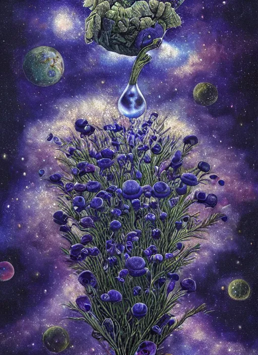 Image similar to detailed, intricate blue black and purple papaverum flower on the field, nebula, galaxy in the sky, winning award masterpiece, fantastically beautiful, illustration, aestheticly inspired, jacek yerka, upscale with anguissola sofonisba work, artstation, 8 k