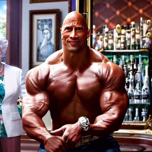 Image similar to Dwayne Johnson flexing his muscels in front of the queen of england in a bar, full body, photorealistic, 4k