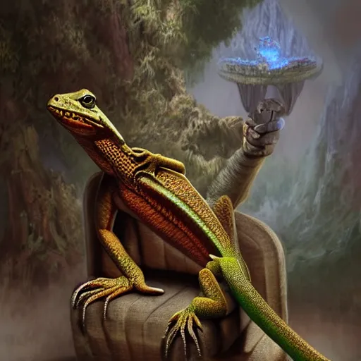 Image similar to anthro lizard with a prostetic arm sitting on a couch, fantasy art, matte painting, coherent like Dall-E 2