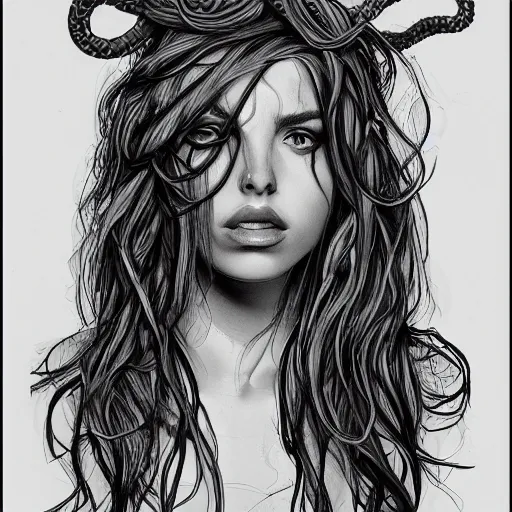 Image similar to ana de armas portrait as medusa from greek mythology, living venomous snakes in place of hair, ink drawing, trending on artstation, by alphonso dunn