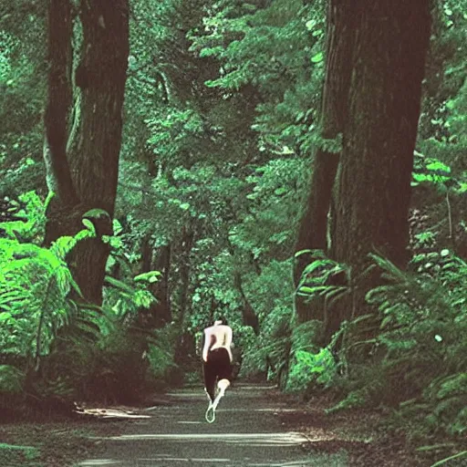 Prompt: a sporty guy runs alone through a forest with tall trees, art by Mike Deodato, acid-green sneakers, a shot from the back in perspective,