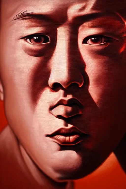 Image similar to hyperrealistic close-up graffiti! exoskeleton!! chinese man highly detailed concept art eric zener elson peter cinematic hard orange lighting high angle hd 8k sharp shallow depth of field