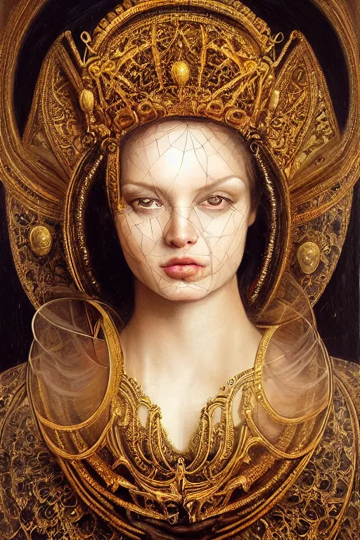 Prompt: hyper realistic painting portrait of veiled queen, occult diagram, elaborate details, detailed face, intrincate ornaments, gold decoration, occult art, oil painting, art noveau, in the style of roberto ferri, gustav moreau, david kassan, bussiere, saturno butto, boris vallejo