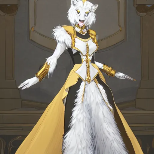 Prompt: commissioned full body portrait of a female anthropomorphic furry wolf princess fursona with white hair wearing a white and gold armored dress in a white and gold palace, by Wlop and jerry park, artstation, extremely detailed