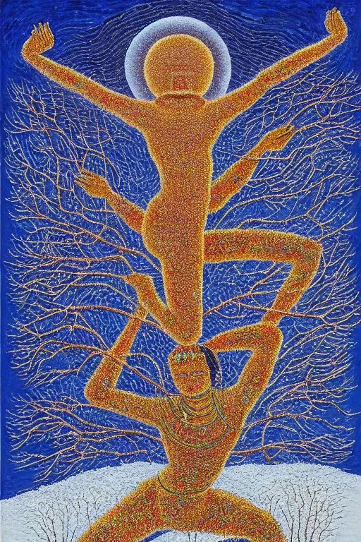 Image similar to ivan marchuk style nataraja dancing in a winter birch grove and raising snow clouds during a solar eclipse, visionary art style