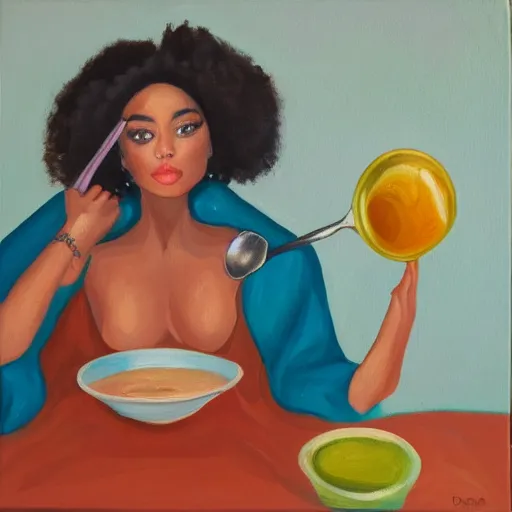 Prompt: Portrait of Doja Cat holding a spoon in her hand, painting of