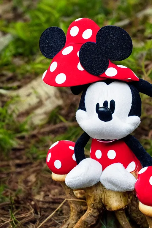 Image similar to in the center of the forest, a plush mickey mouse sits on a mushroom, super realistic, extremely high detail, cinematic 8k