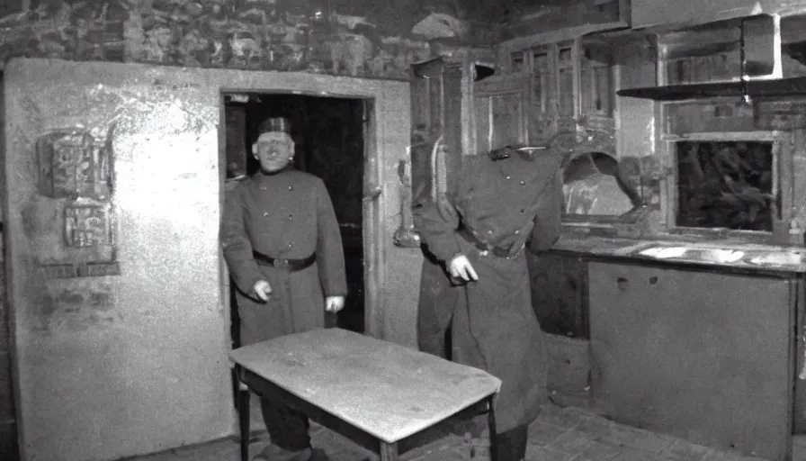 Prompt: a wax man in a stalinist style kitchen, by mini dv camera, very very low quality, heavy grain, very blurry, accidental flash, webcam footage, found footage, security cam, caught on trail cam