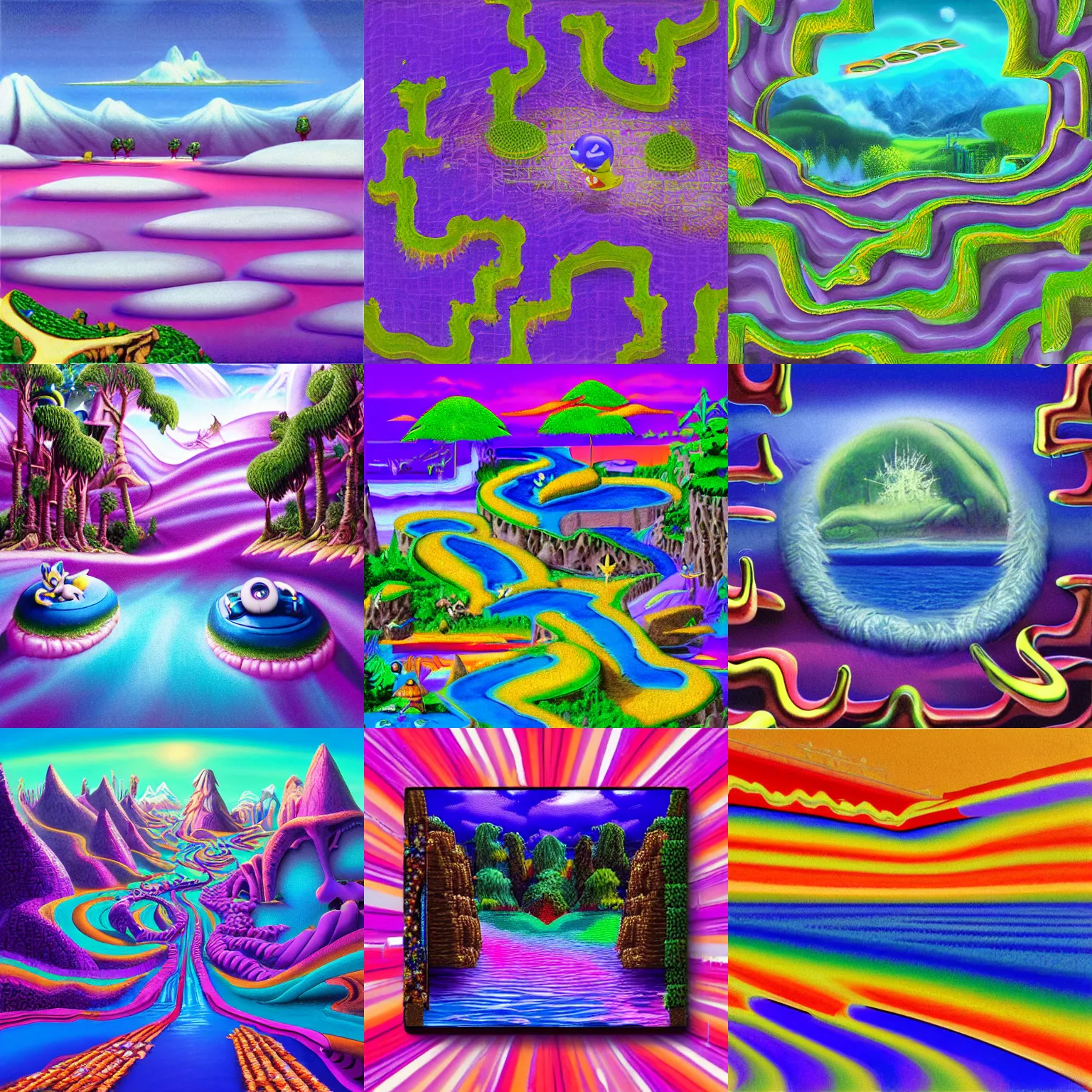 Prompt: matte painting landscape sonic hedgehog of a surreal, sharp, detailed professional, soft pastels, high quality airbrush art album cover of a liquid dissolving airbrush art lsd dmt sonic the hedgehog swimming through cyberspace, purple checkerboard background, 1 9 9 0 s 1 9 9 2 sega genesis rareware video game album cover