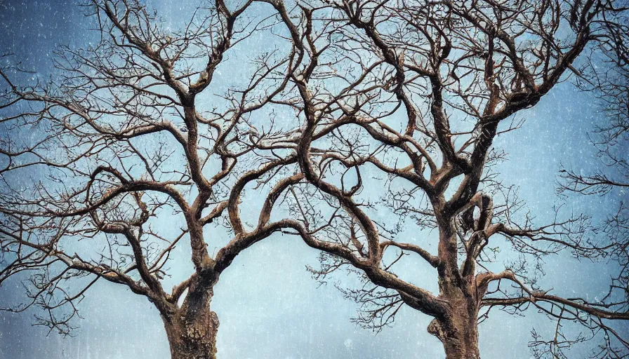 Prompt: a huge standalone tree in winter, seen from the distance. art nouveau rococo in the style of caravaggio. hd 8 x matte background in vibrant vivid pastel colour textures