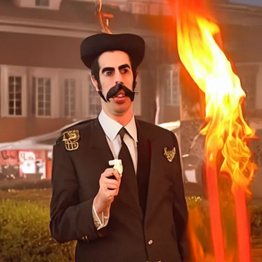 Image similar to Sacha Baron Cohen as borat smoking a giant rolled cannabis cigarette, smoke, 8k, hyper-detailed, cinematic