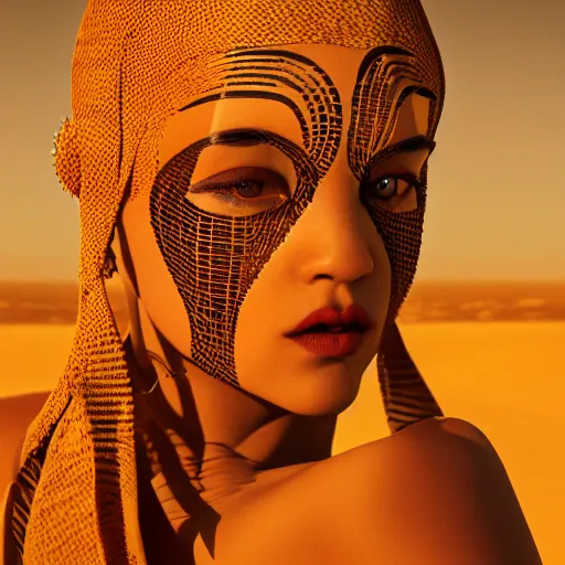 Prompt: giesha demon, innovative avant - garde art, deco fashion, asian desert nomad women, highly detailed, photorealistic portrait, serene desert setting, golden hour, crisp quality and light reflections, octane render