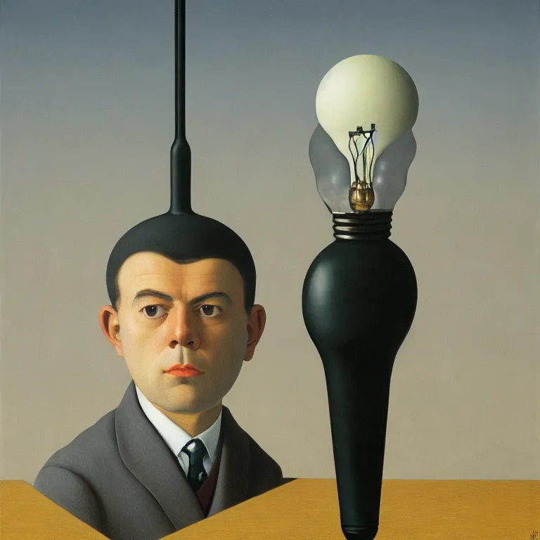 Prompt: portrait of a man, his head is a lightbulb, by rene magritte, detailed painting, hd, hq, high resolution, high detail, 4 k, 8 k