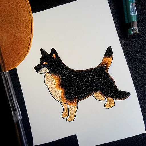 Image similar to pointillism, black and brown Shiba