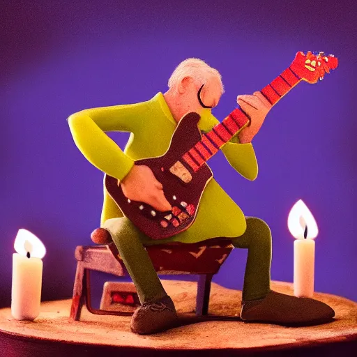 Image similar to Claymation art of a old man playing guitar, 100mm, candle lightning, industrial colours, extremely detailed, 4K