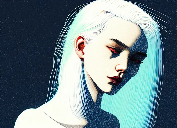 Image similar to portrait of a young girl with white hair colorful, illustration by Mads Berg and Karolis Strautniekas,small finely stippled light, dramatic lighting,fine texutre, editorial illustration, detailed,katsuhiro otomo, dynamic composition,moody, cinematic, film grain,manga, gradients, smooth