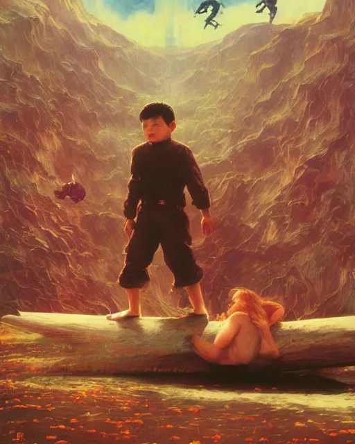 Prompt: Movie poster of Earthbound 2, Highly Detailed, A master piece of storytelling, wide angle, cinematic shot, Battle, highly detailed, cinematic lighting, by frank frazetta + ilya repin , 8k, hd, high resolution print