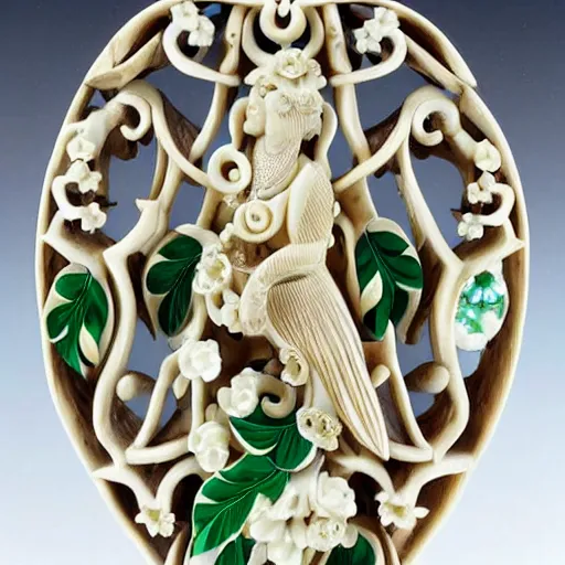 Image similar to a intricate ivory carving sculpture with birds lemons jade stones and jungle leaves, ornate, complex, highly detailed, fine detail