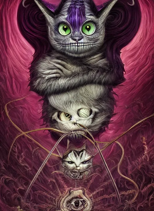 Image similar to cheshire cat the devil tarot card, highly detailed, cinematic, 8 k, bymegan duncanson, benjamin lacombe, naoto hattori, adrian borda, giger, trending on deviantart, hyper detailed, horror, full of colour