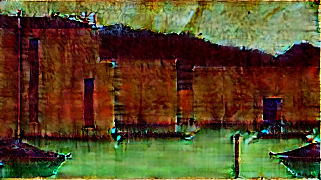 Image similar to a chinese prison near a river by peter doig, muted colors