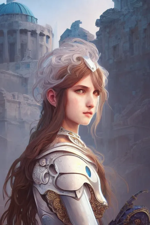 Image similar to portrait young knights of Zodiac girl, matt white color armor, in ruined Agora of Athens Sunrise, ssci-fi and fantasy, intricate and very beautiful and elegant, highly detailed, digital painting, artstation, concept art, smooth and sharp focus, illustration, art by tian zi and WLOP and alphonse mucha