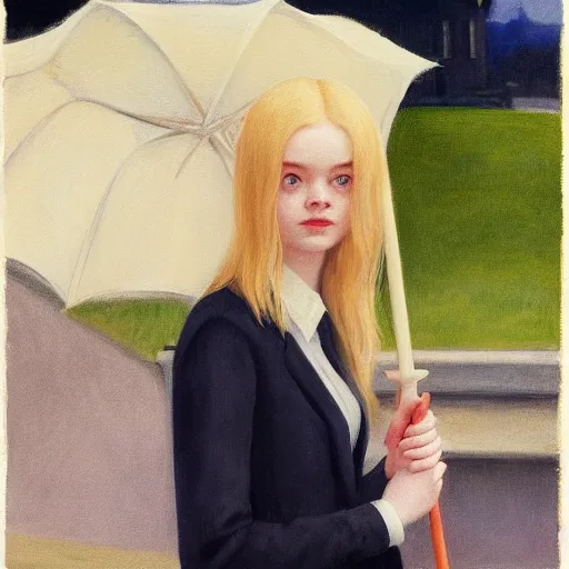 Prompt: Painting of Elle Fanning holding a torch in the rain, long blonde hair, delicate, pale milky white porcelain skin, by Edward Hopper. 8K. Extremely detailed.