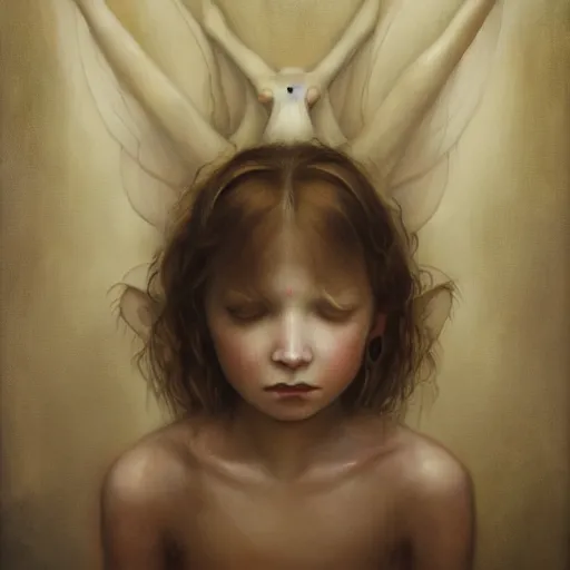 Image similar to a little girl looking at her adult reflection in the mirror, in the style of peter mohrbacher by weta digital and beth cavener, high face symmetry, intricate, masterpiece, award winning, high face symmetry, intricate